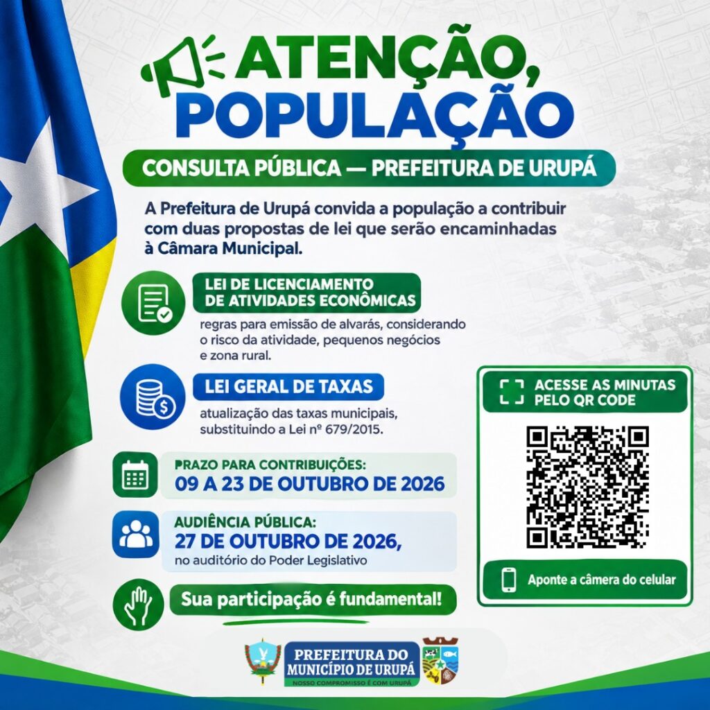 A Prefeitura de Urupá convida a população a contribuir com duas propostas de lei que serão encaminhadas à Câmara Municipal: